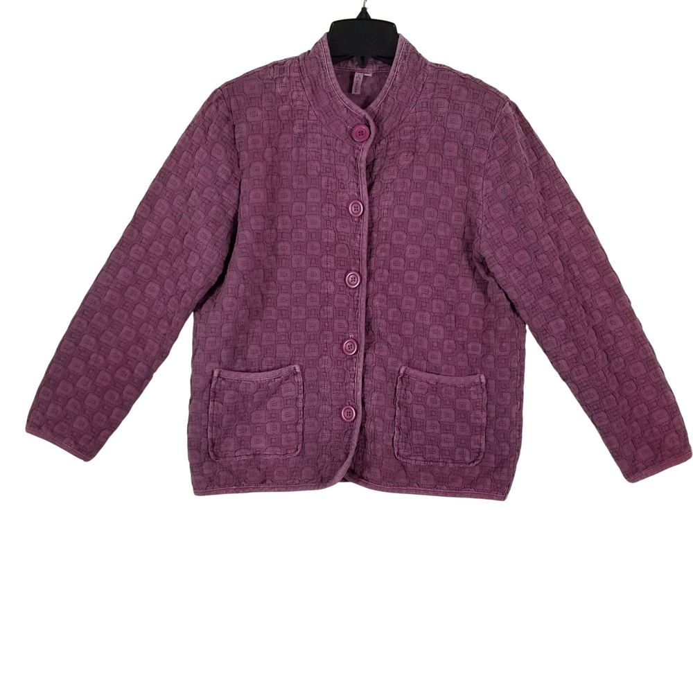 Focus Quilted‎ Jacket Women Medium Purple Cotton Button Front Mock Neck C-583
